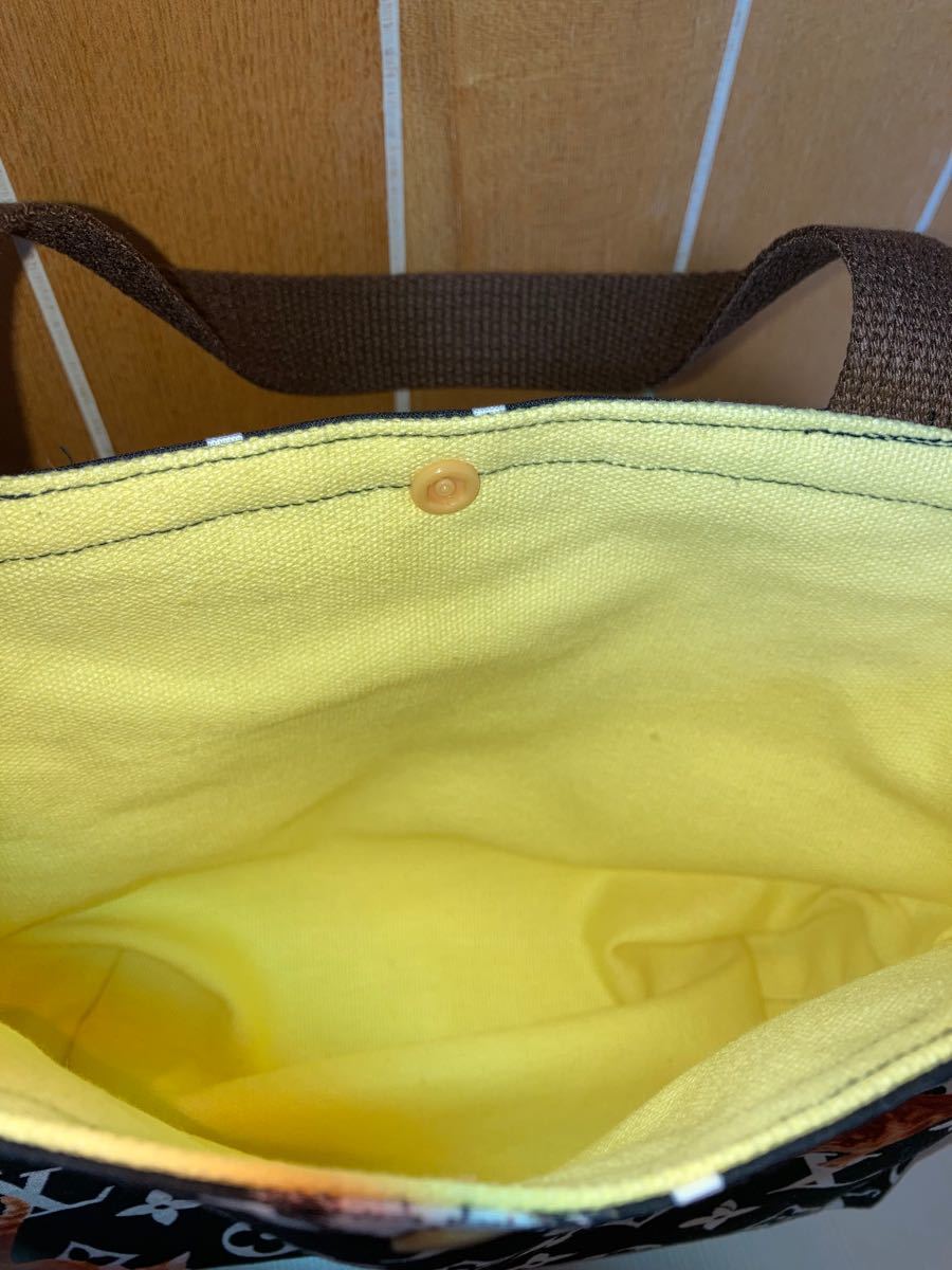 在庫限り　猫柄　黄色帆布がポイント★シンプルなミニトートバッグ　お散歩　買い物　ハンドメイド