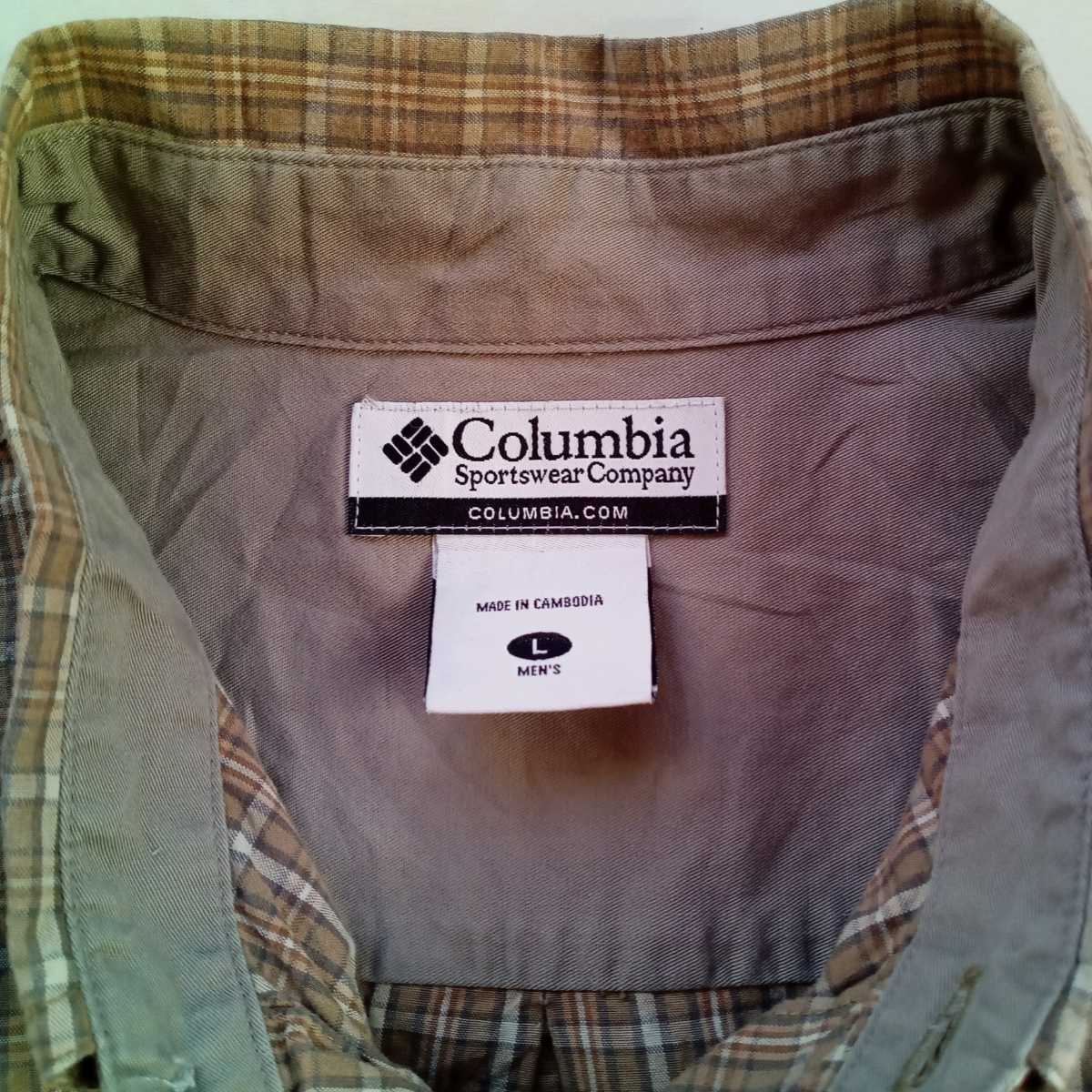 061【格安】コロンビア Columbia 長袖ボタンダウンシャツ メンズL 茶系チェック柄 胸ポケット ブランドロゴ　