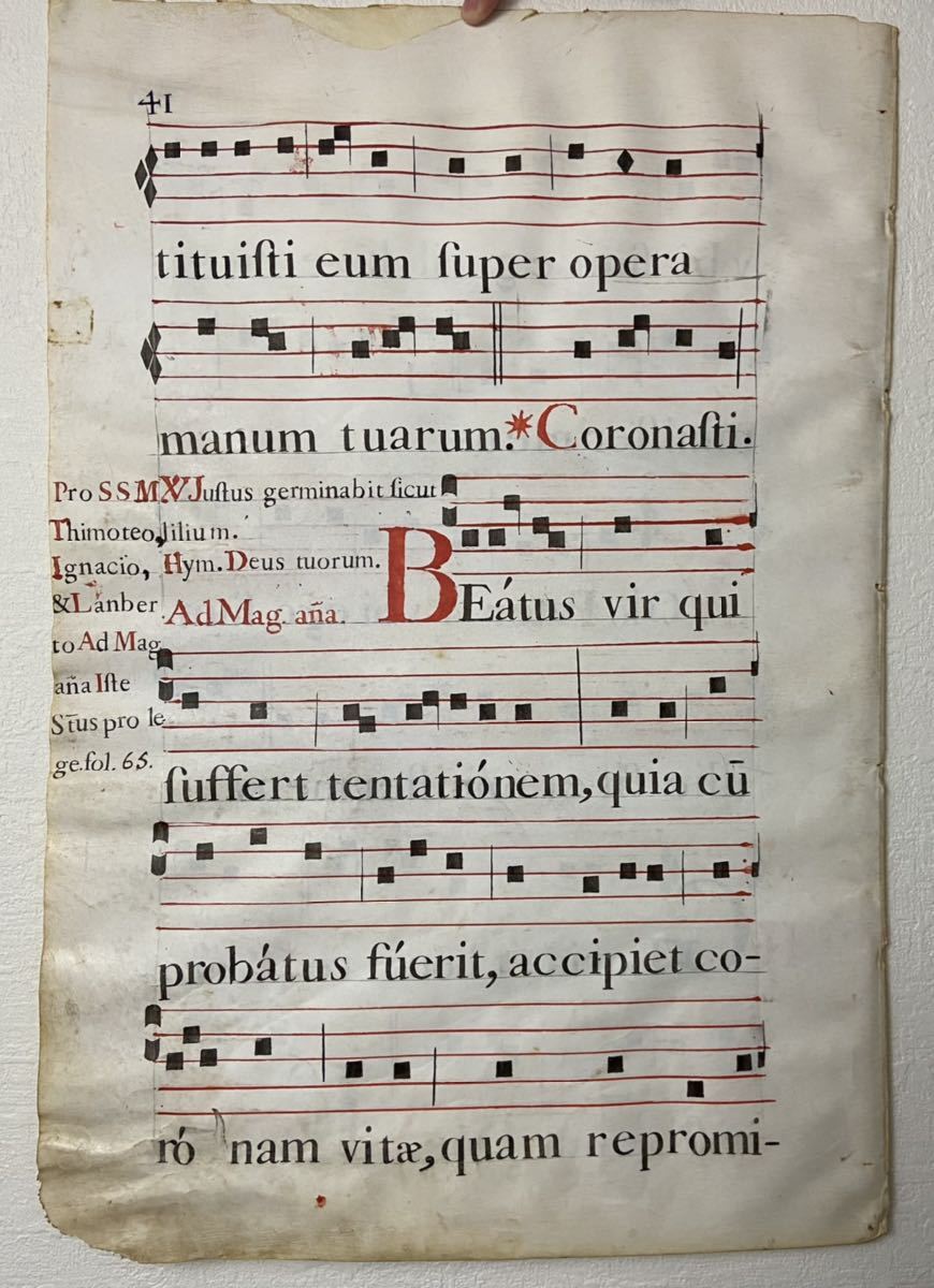 16-17世紀 羊皮紙 交唱聖歌 楽譜 2枚 グレゴリオ聖歌 アンティーク 