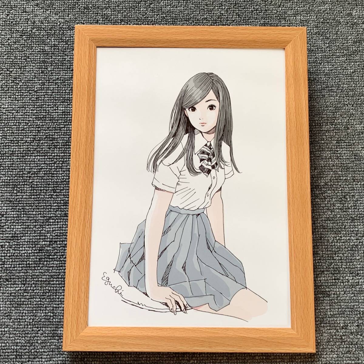 Paypayフリマ 江口寿史 制服 B5サイズ 額入り 貴重イラスト 印刷物 ポスター風デザイン 額装品 アートフレーム インテリア 美少女