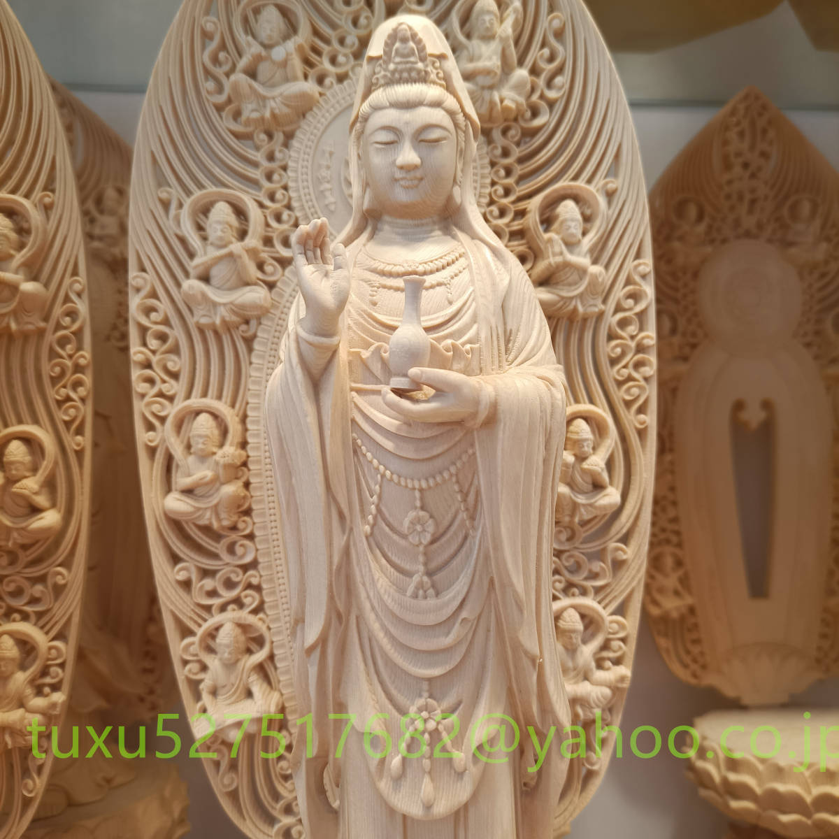 仏教美術 大型43cm 総檜材 仏教工芸品 木彫仏教 精密彫刻 娑婆三聖 