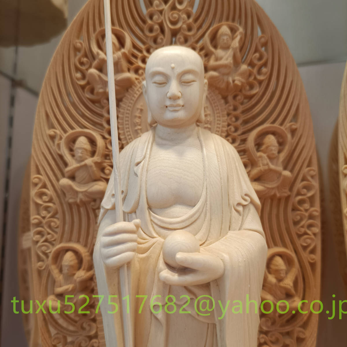 仏教美術 大型43cm 総檜材 仏教工芸品 木彫仏教 精密彫刻 娑婆三聖 
