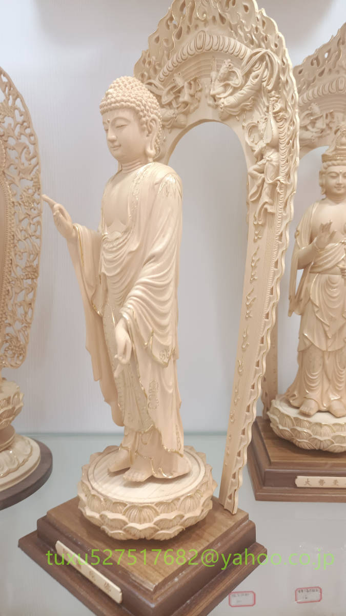 木彫仏像 阿弥陀如来 立像 大型48cm 総檜材 切り金 本金 仏教工芸品 精密彫刻 極上品 仏師で仕上げ品