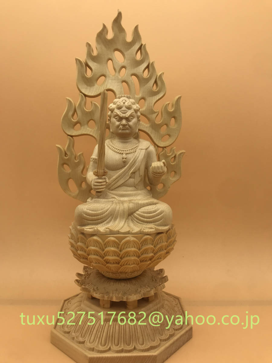 仏教美術・仏像】檜木製 不動明王 座像 木彫り 細密彫刻 供養品 彫刻