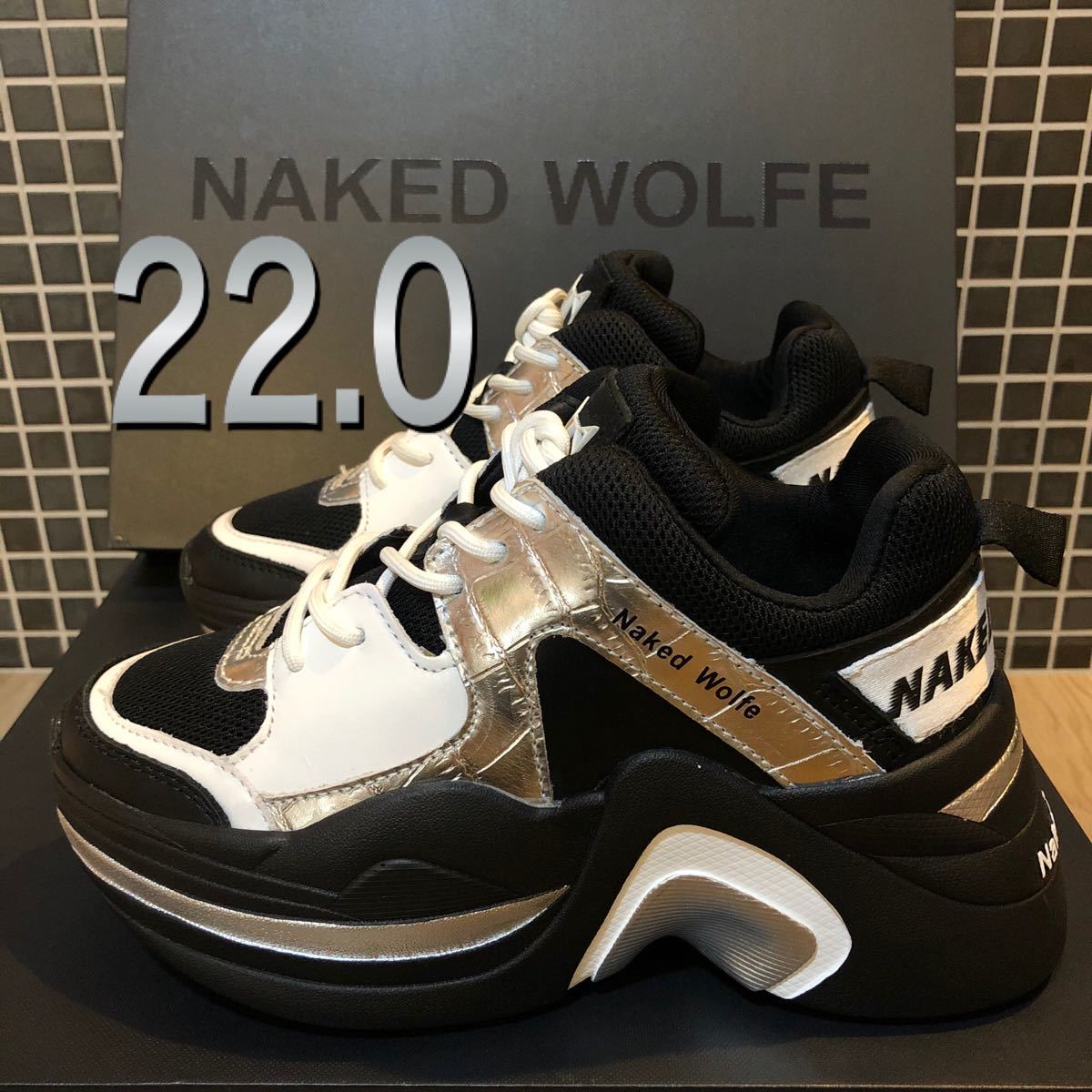 約22.0cm【新品】Nakedwolf 厚底 レザー スニーカー 流行店 NAKEDWOLF ホワイト 厚底 スニーカー
