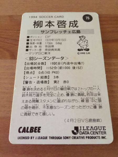 柳本啓成(サンフレッチェ広島) - 1994 SOCCER CARD(カルビー・Jリーグチップス)_裏面(現物)