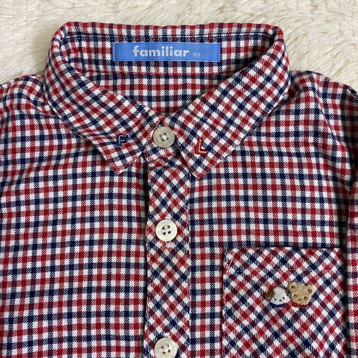 【美品】familiar ファミリア　チェックシャツ赤×青　90 犬とクマの刺繍　かわいいシャツ　フォーマル　食事会　お出かけにも