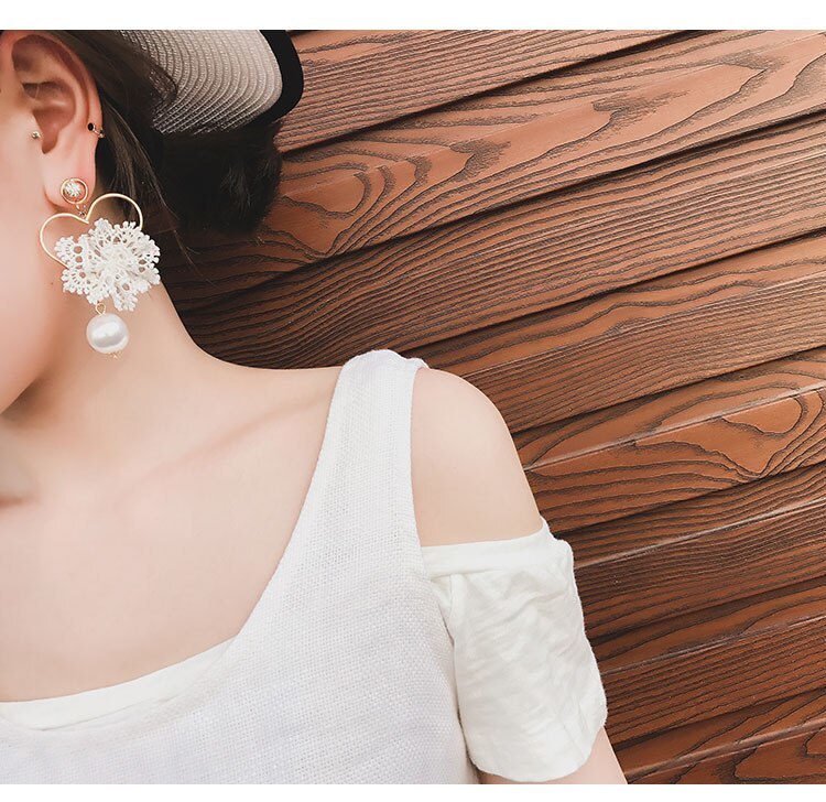 ピアス ゴールド ハート レース パール レディース 韓国 クリスタル ドロップ ジュエリー 模擬 真珠 ファッション ネオゴシック #C423-3_画像2