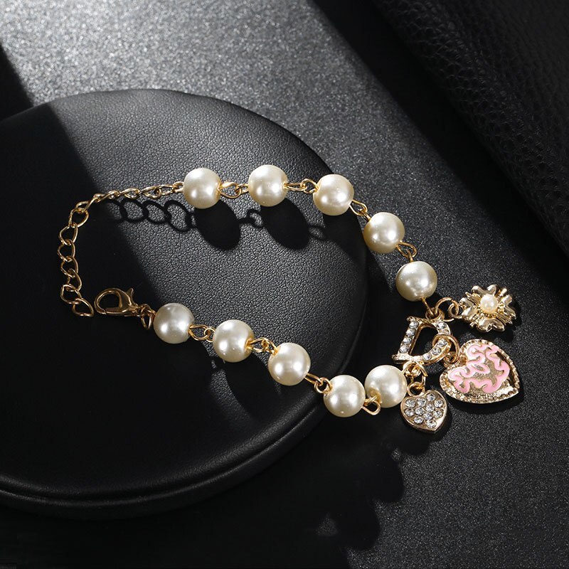 ブレスレット 腕輪 ゴールド チェーン ピンク ハート パール レディース 韓国 模擬 真珠 クリスタル ワード ビーズ ジュエリー #C422-3_画像1