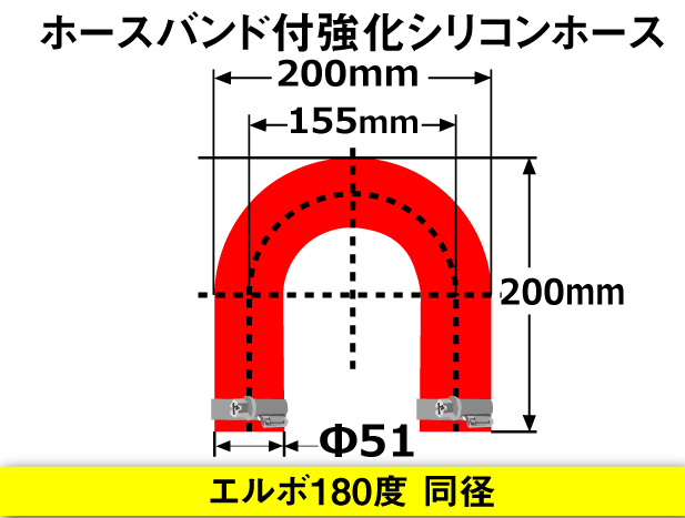 ドイツ NORMA バンド付 モータースポーツ 強化シリコンホース エルボ180度 U字ホース 同径 内径51Φ 赤色 汎用品_画像4