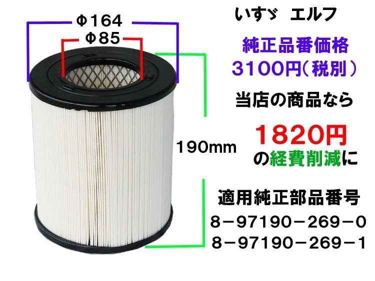 エアフィルター エアエレメント トラック用 2ｔ いすず エルフ 純正番号8-97190-269-0他 エアーフィルター エアーエレメント_画像2