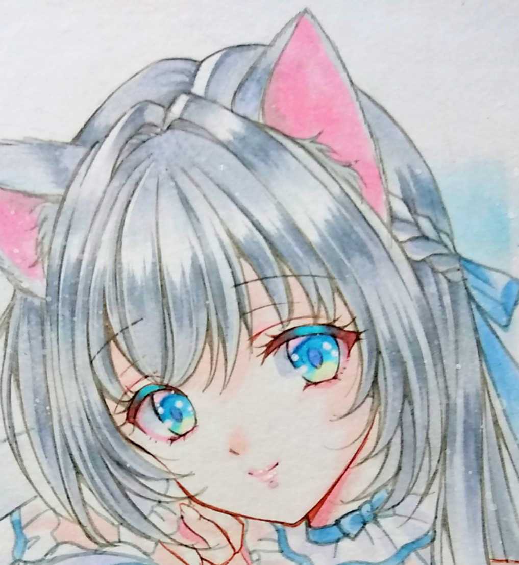 にゃん娘 ロシアンブルー ネコ耳〕色紙 オリジナル 手描きイラスト