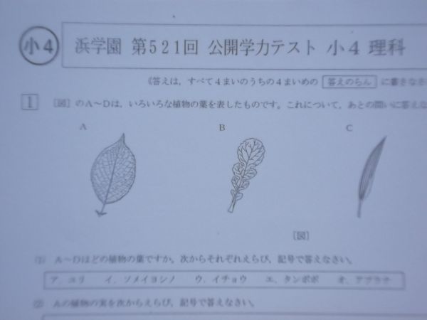 浜学園 小４ (2016年度) 公開学力テスト (理科)　４年生_画像3