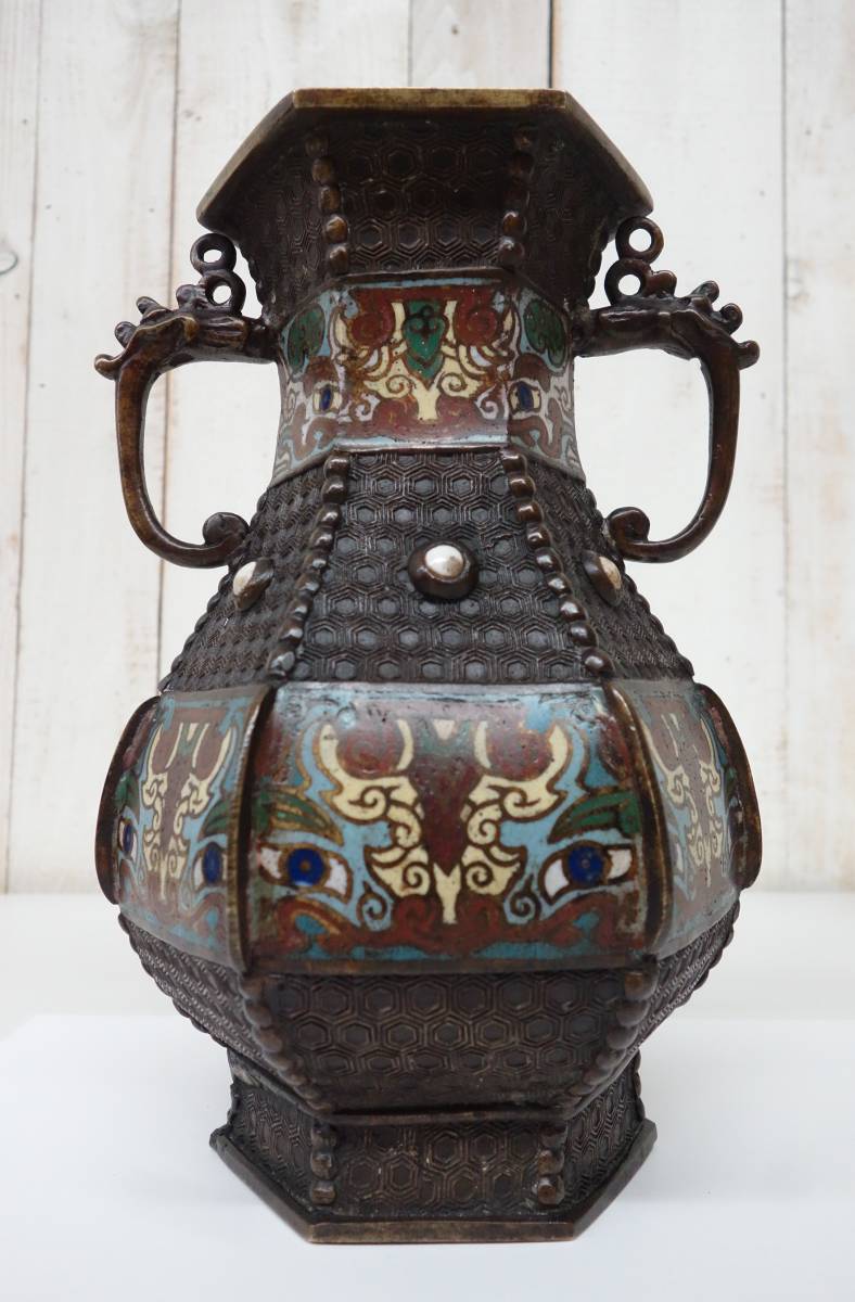 高質 古銅 古七宝 花瓶 壺 花鳳凰文 双耳 高さ約30cm 中国古玩