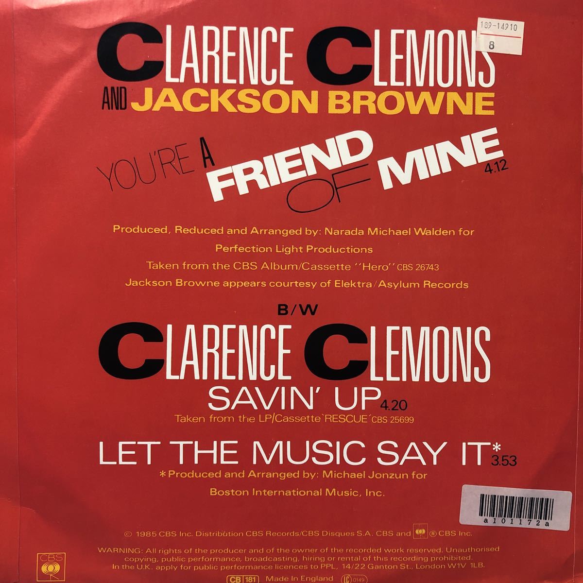 クラレンスクレモンス&ジャクソン・ブラウン You’re A Friend Of Mine. 12インチ レコード 5点以上落札で送料無料N_画像2