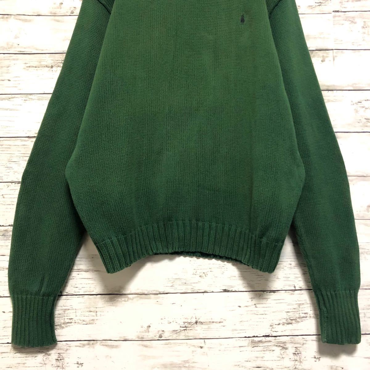 90s ラルフローレン 緑 グリーン L ニット セーター 刺繍ロゴ 深緑 