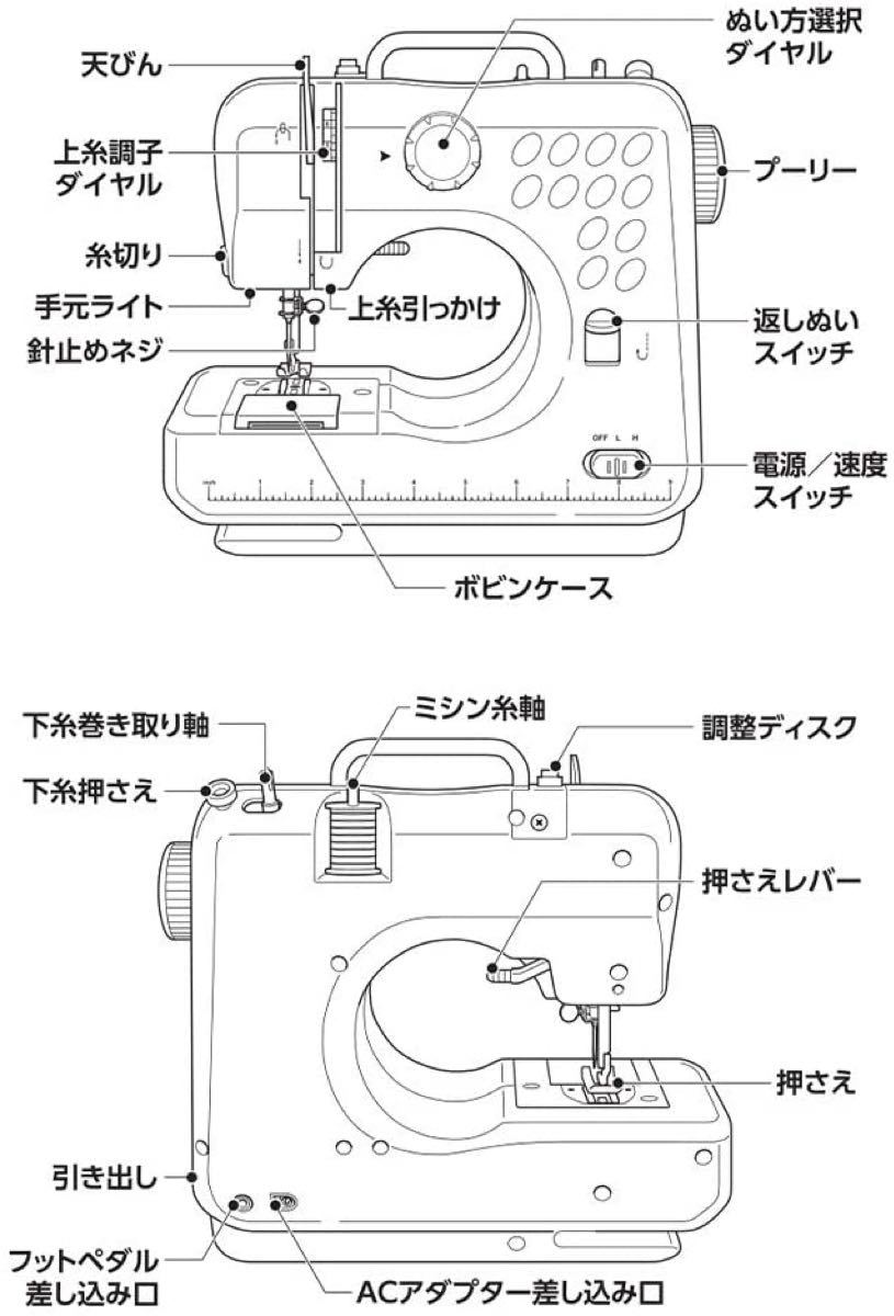 電動ミシン 家庭用ミシン 小型ミシン 引き出し付き コンパクト