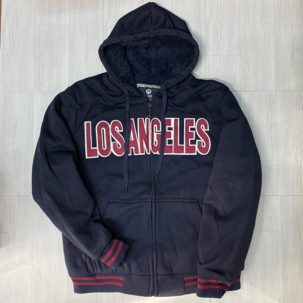 USA正規品 【2XL】 LeeHanTon ボア ジップアップ 厚手 シェルパ パーカー LosAngels ロサンゼルス パッチロゴ 紺 College カレッジ