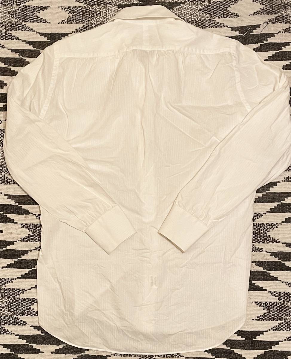 コットン裾マチ付きアンティーク背プリーツ織り柄ストライプ地柄ドレスシャツM:38サイズ生成りナチュラル白ワイシャツ上位種ビンテージ仕様_画像6