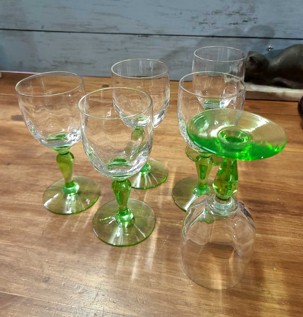 フランスアンティーク ウランガラス ワイングラス 脚付き 6個セット 希少 インテリア カフェ バー ヴァセリンガラス ヴィンテージ