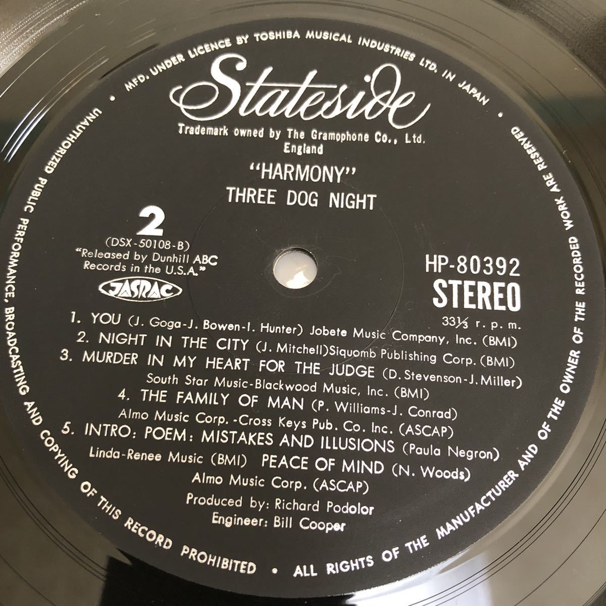 【国内盤】THREE DOG NIGHT HARMONY スリードッグナイト ハーモニー / LP レコード / HP80392 / ライナー有 / 洋楽ロック /_画像10