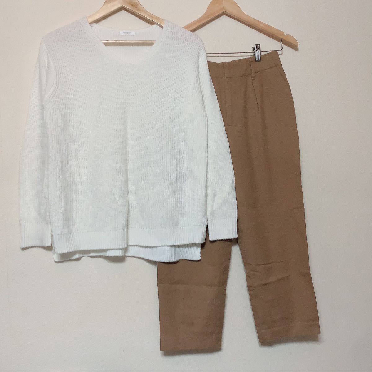 UNIQLO ニットパンツセット コーデセット ZARA 大きいサイズ ベージュウールパンツ 白ニット テーパードパンツ