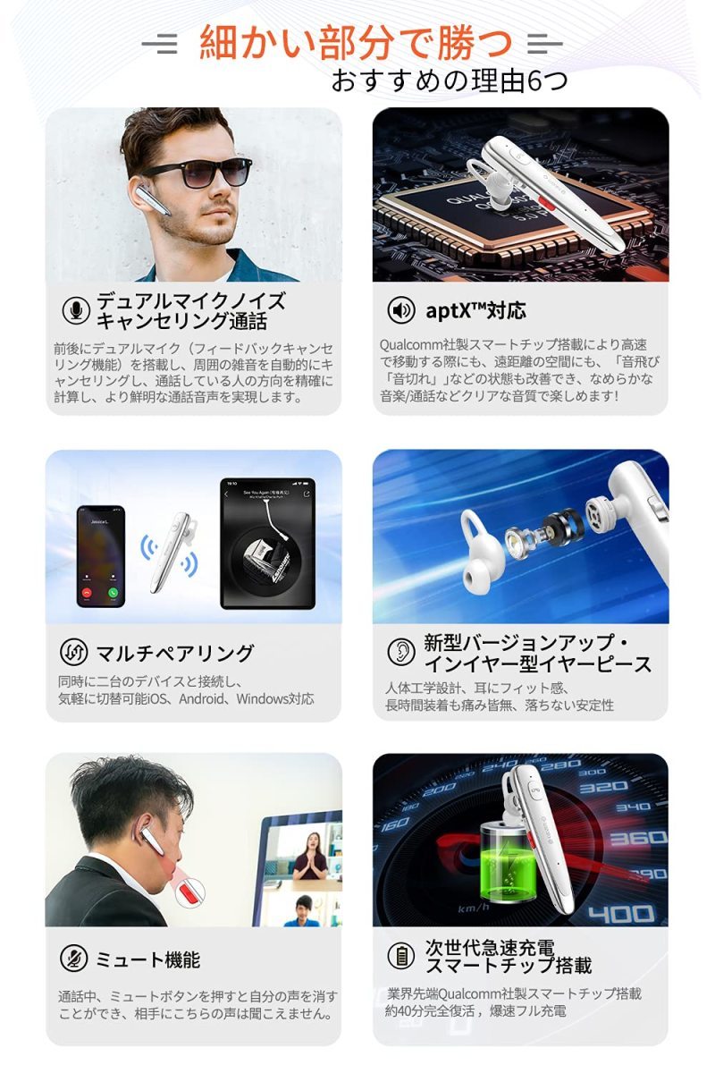 ヘッドセット bluetooth 片耳 ブルートゥース イヤフォン Glazata 日本語音声 aptX & aptX HD ミュート EC300 ホワイト_画像6