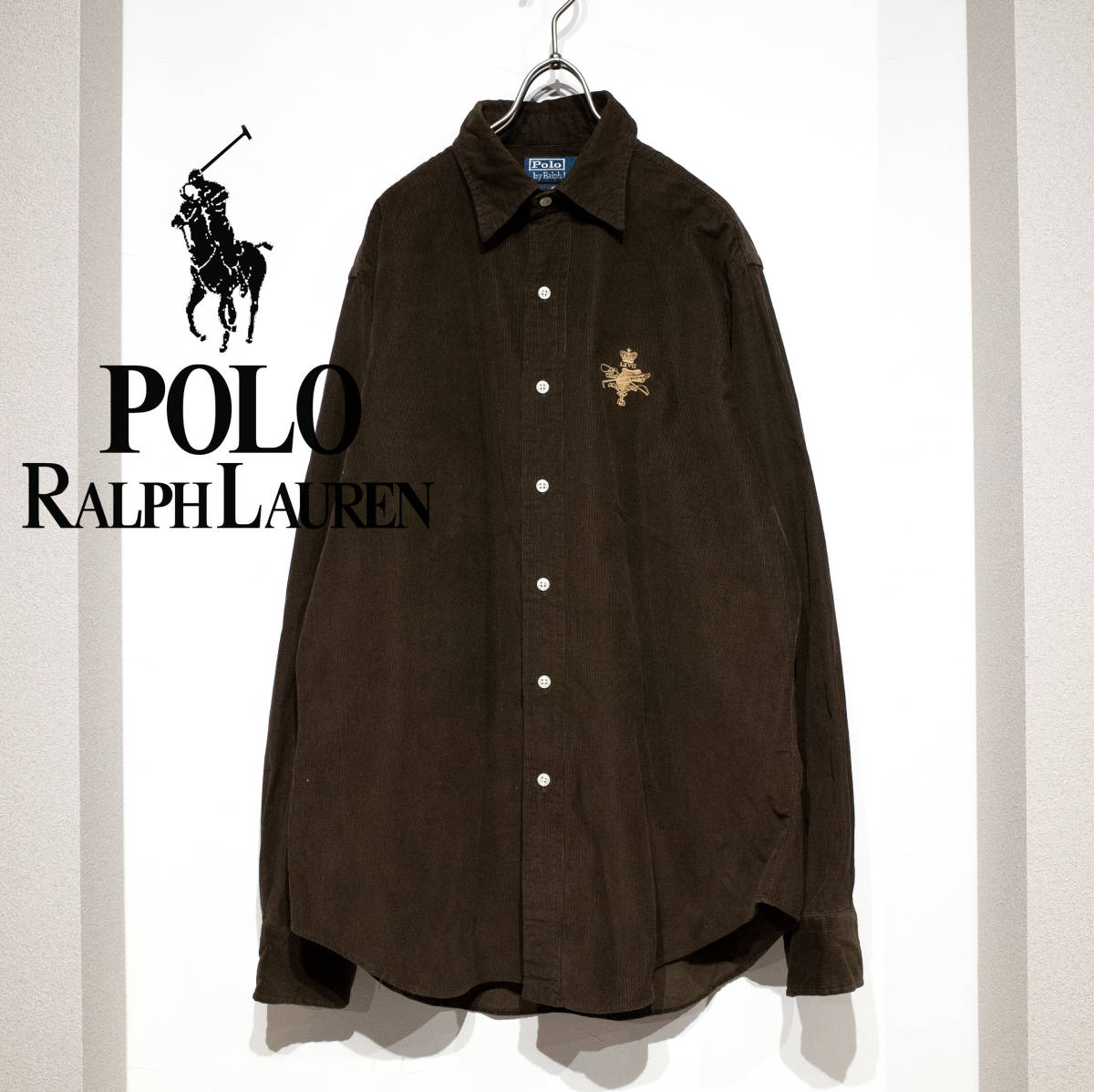 M / 90’s POLO RALPH LAUREN オールド ポロラルフローレン Lowell カスタムフィット コーデュロイシャツ ブラウン 茶 LXVⅡ 刺繍 古着