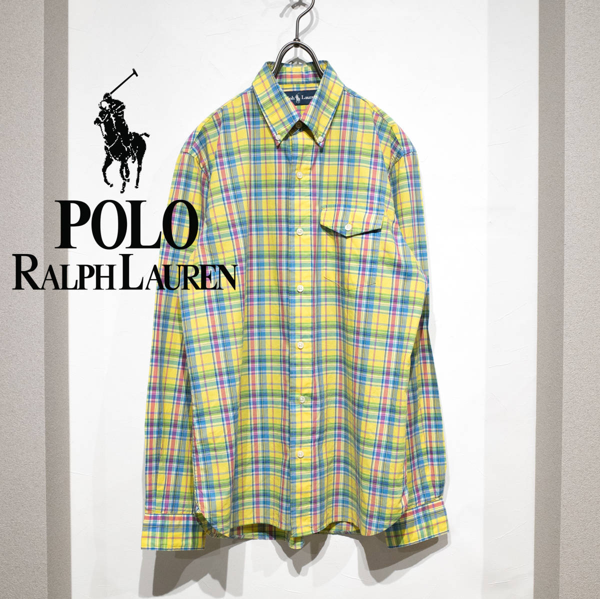 S / 90’s POLO RALPH LAUREN オールドポロラルフローレン マドラスチェックシャツ 長袖 BD ポケット 黄 青 ピンク メンズ  レディース