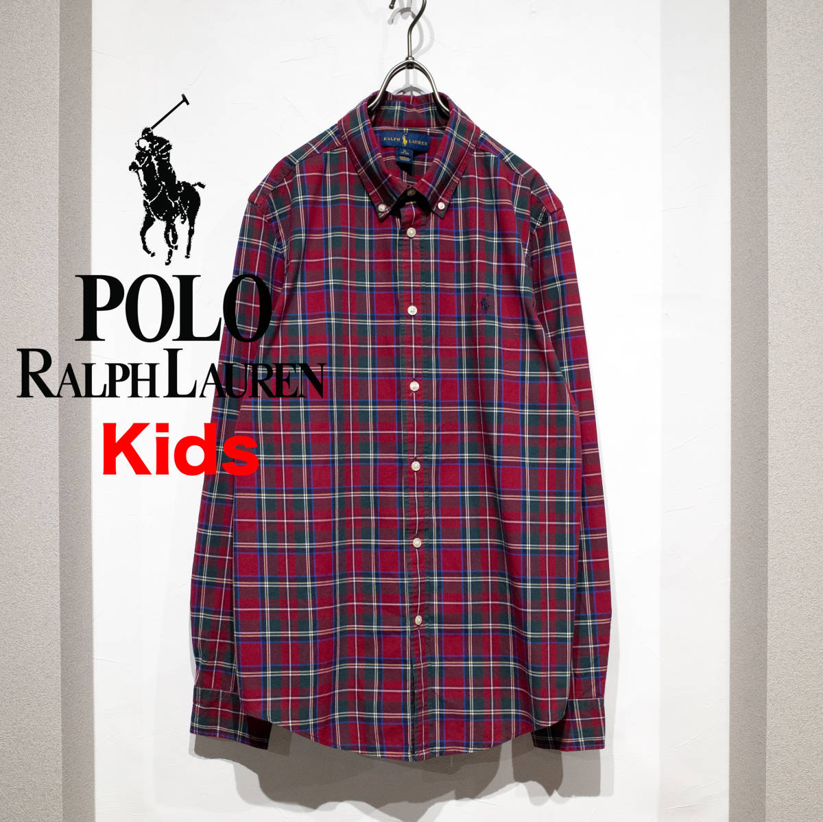 キッズ XL(18-20)メンズM相当 / POLO RALPH LAUREN ポロ ラルフローレン タータンチェック BDシャツ ポニー 刺繍 赤 紺 美品 レディース