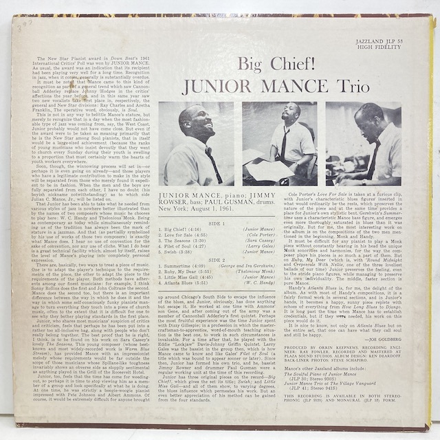 ●即決 LP Junior Mance / Big Chief USAミゾナシMonoオレンジ ジュニア・マンス 31272 ピアノ・トリオ _画像4