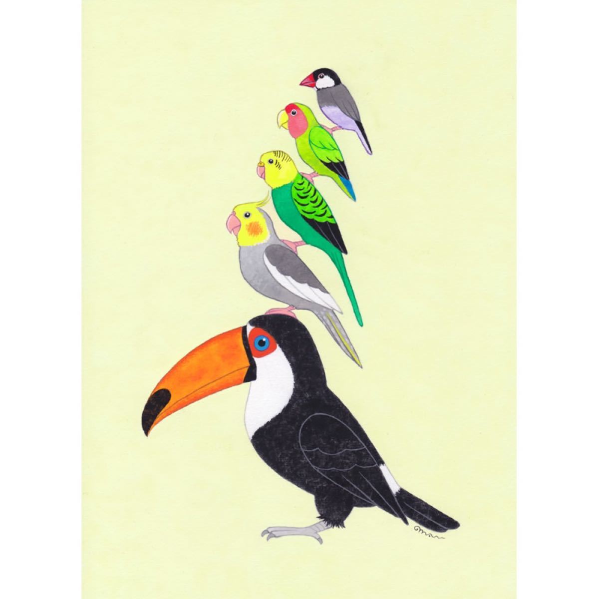 絵本作家のオーダー絵画「リアルな小鳥ブレーメン A4」小鳥/鳥/イラスト/絵/北欧/アート/絵画