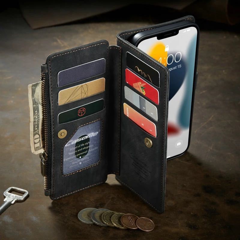 最高級手帳型多機能 iPhone 11 ケース PUレザー 小銭入れ カードケース 対衝撃 財布 スタンド ブラック　黒_画像5