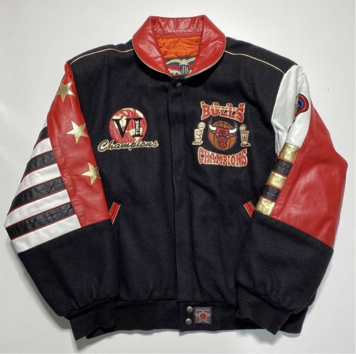 【L】90s Jeff Hamilton ChicagoBulls 6Time Champions Leather Jacket ジェフミルトン シカゴブルズ レザー ジャケット USA製 Y899 N2