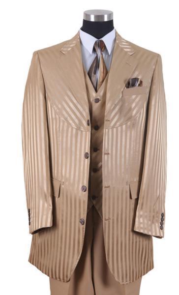 2915)ZOOT SUITS ズートスーツ ベージュ 茶系 38L32W 新品 ストライプ 縦縞 ステージ 衣装 冠婚葬祭_画像1