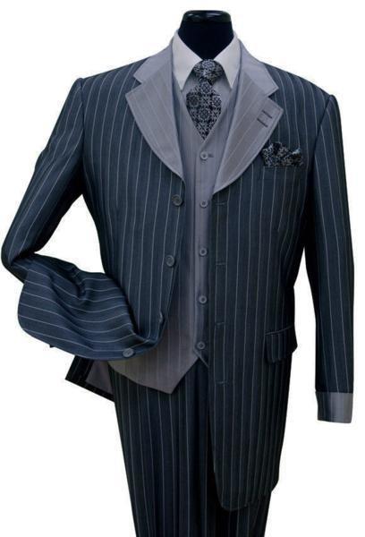 驚きの価格  ZOOT SUITS 冠婚葬祭 衣装 ステージ 新品 (SL-2911V) 44L38W 縦縞 ピンスト ストライプ ネイビー×グレー 紺 ズートスーツ Lサイズ