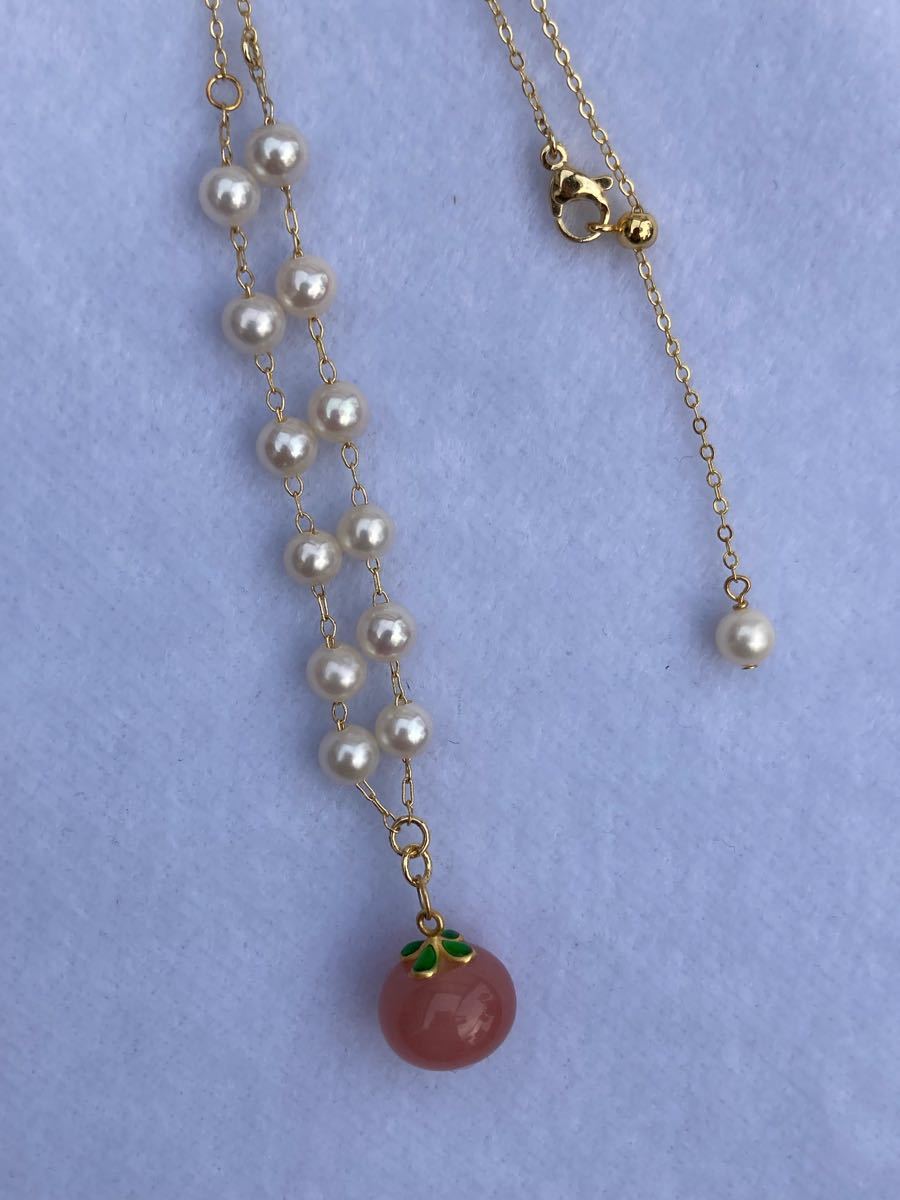 天然本真珠　パールネックレス　南紅氷瑪瑙　桃　もも　可愛い　人気　お洒落　オリジナル　鏡様な艶々　映え　ハンドメイド　プレゼント
