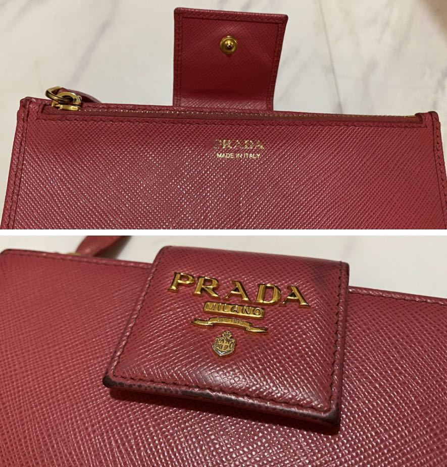 国内正規店 購入 名作 希少 定価10万円 PRADA プラダ サフィアーノ メタル レザー ウォレット ピンク ゴールド 財布 二つ折り財布 1ML005_画像10