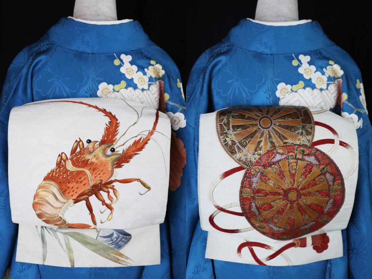 アンティーク大正ロマン 逸品!!伊勢海老と蛤と笹の刺繍、漆絵の源氏車