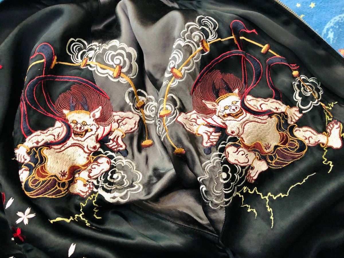 堅実な究極の スカジャン・リバーシブル『風神雷神図桜舞』細密刺繍 
