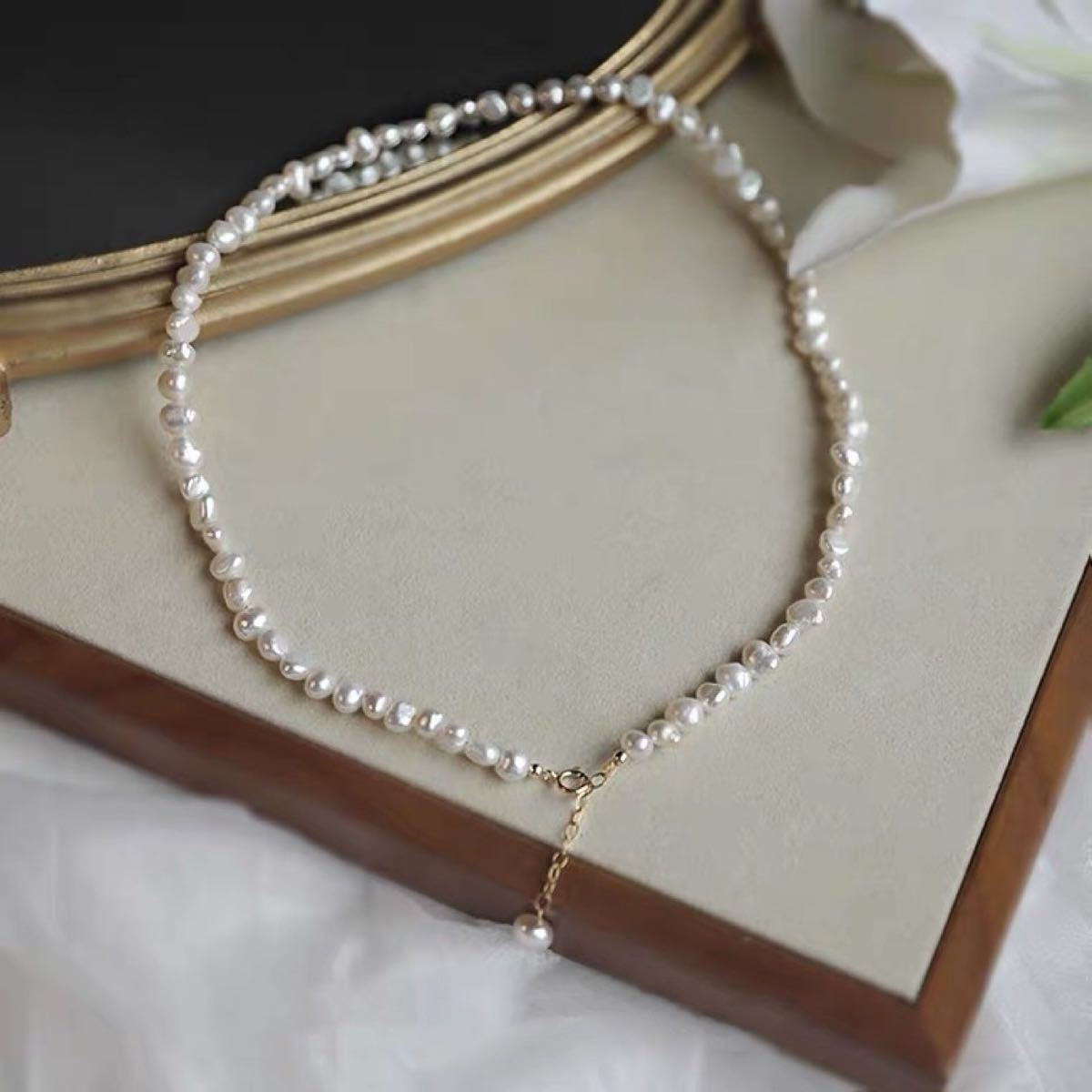 39cm　天然淡水バロックパール　小粒　ネックレス　ホワイト　入学式　成人式　トレンド　レディース　アクセサリー　真珠