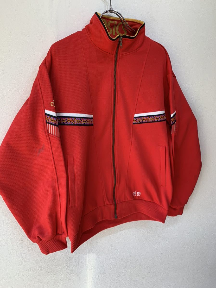 中學　高?！W校？　ジャージ 　上著　Oサイズ　赤／レッド 　asics/アシックス 　學?！≈付āW生　運動　記名あり　體操　G231洗濯済み