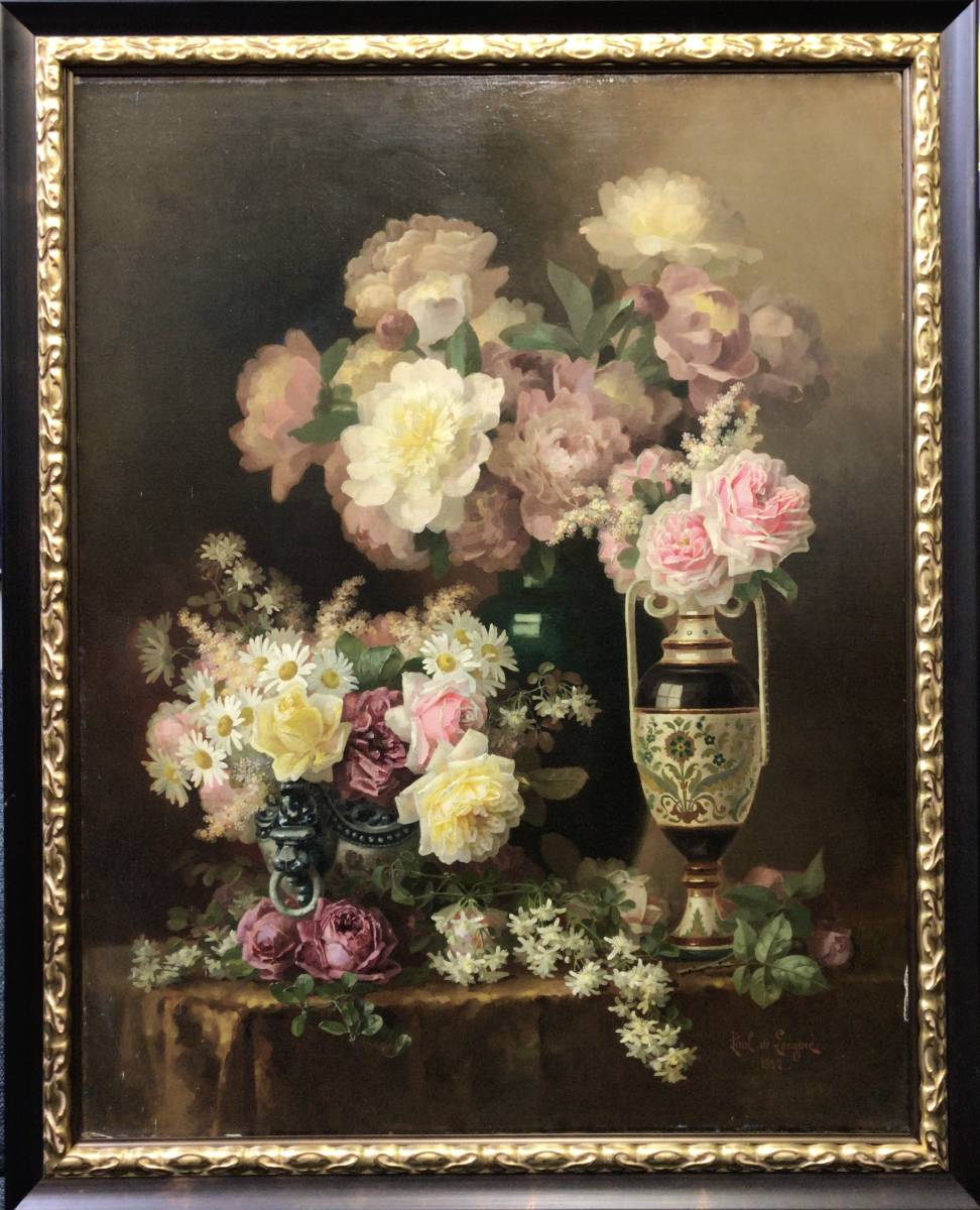 【希少 アンティーク油絵】Paul de Longpr 　画題「Still Life with Roses」　真作_画像1