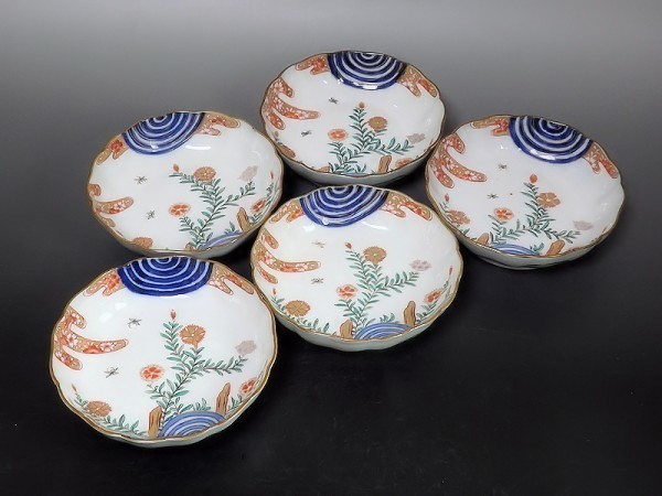 Ybfj-D129mS 古伊万里 金襴手 撫子に桜花の図 膾皿 5客 Ybfj-D129mS 古伊万里 金襴手 撫子に桜花の図 膾皿 5客