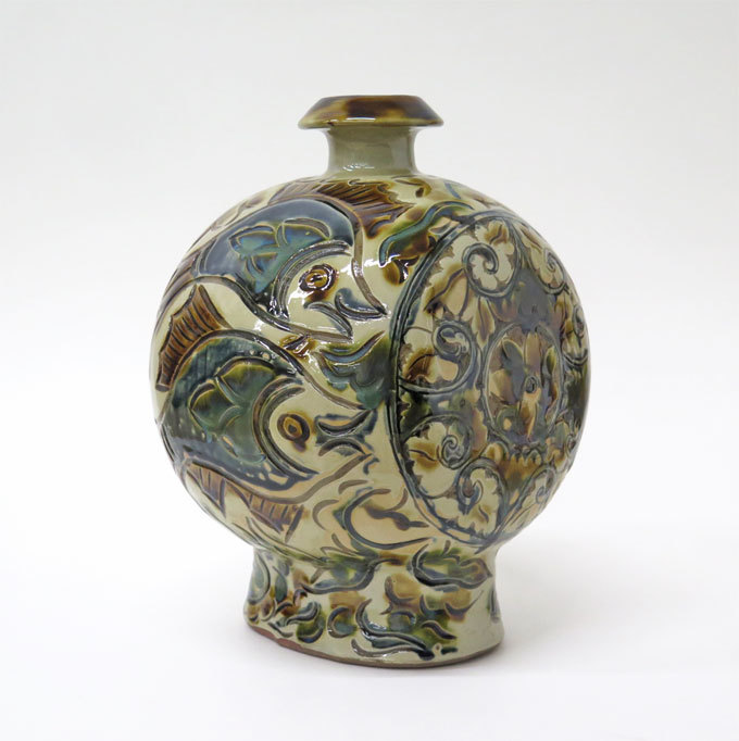 ◎壺屋焼 双魚牡丹文壺 高さ28cm / 魚紋 民藝 琉球 民芸 花瓶
