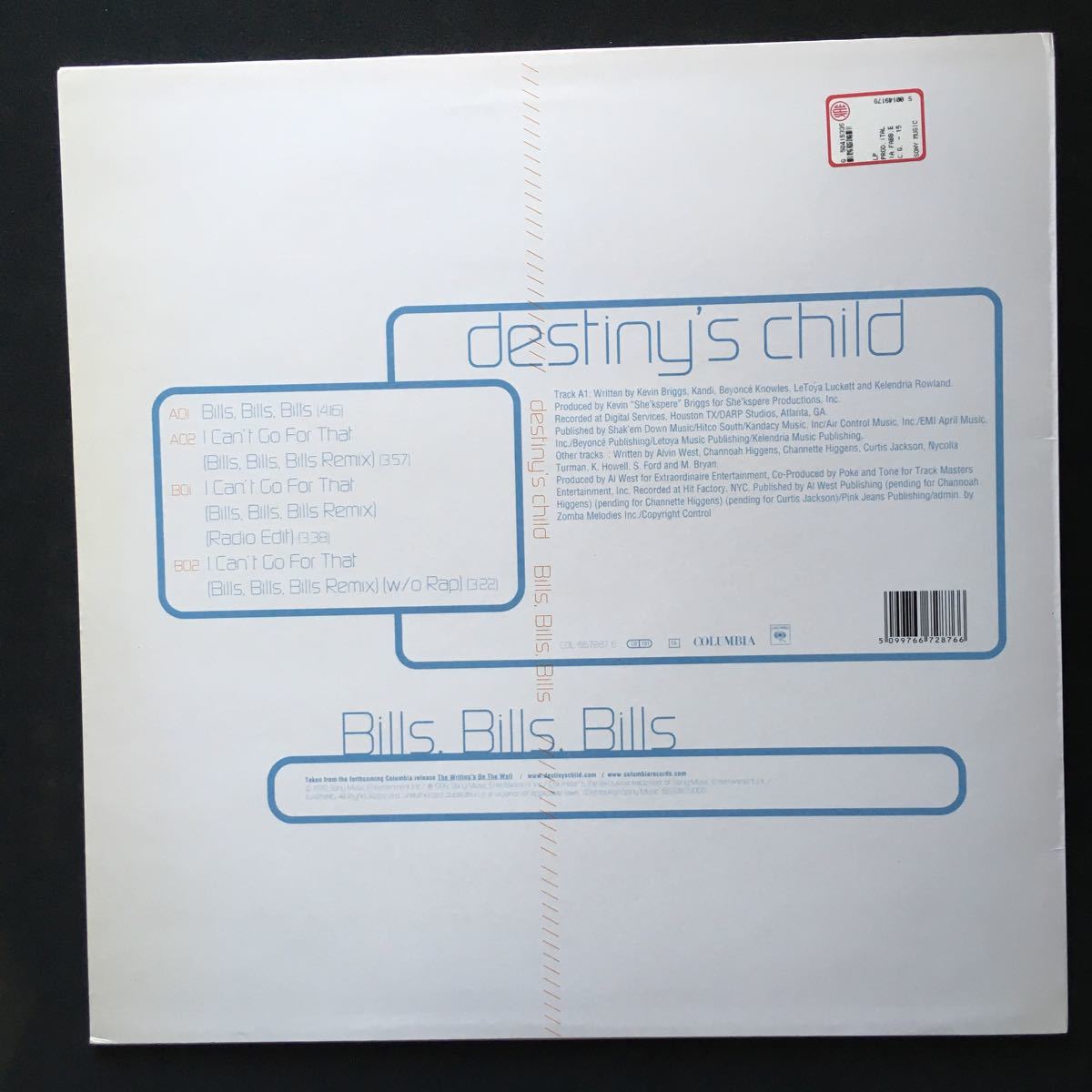 12inch DESTINY'S CHILD / BILLS , BILLS , BILLS_画像2