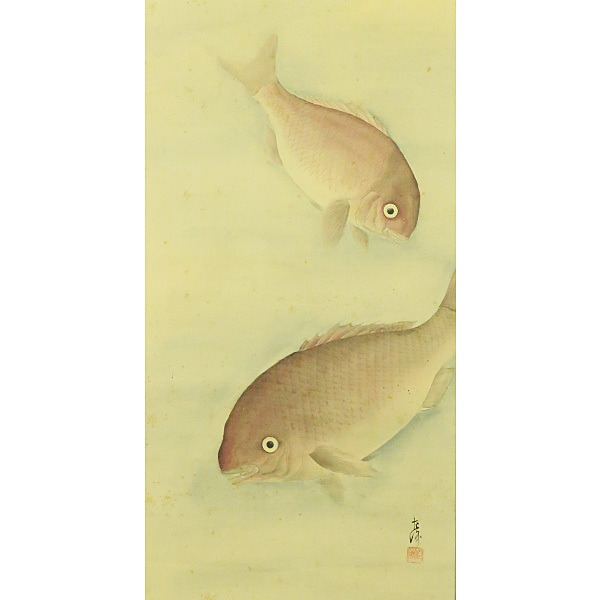 B-1754【真作】中村左洲 肉筆絹本淡彩 双鯛図 掛軸／日本画家 三重