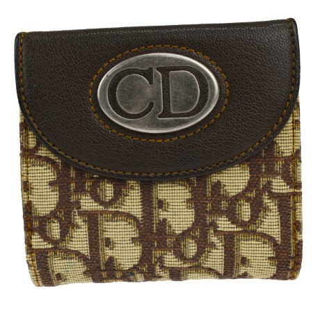 中古 美品 クリスチャンディオール 大特価 注目のブランド Christian Dior トロッター 67ML040 レザー 財布 キャンバス 三つ折り ブラウン