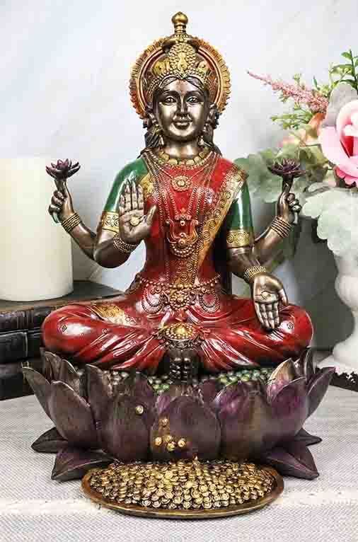 一番の 約31ｃｍ彫像 高さ ラクシュミー（吉祥天） ヒンドゥー教の女神 蓮の上に座っている美しい 彫刻/ プレゼント贈り物(輸入品) コレクション エスニック