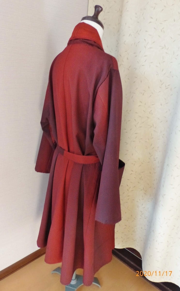 赤黒ドットグラデーション 　カシュクールコート　フレアガウンコート 着物リメイク　ウール　裏なし　ハンドメイド